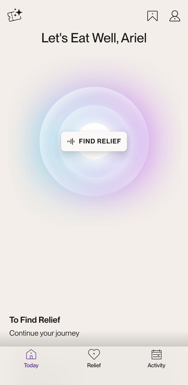 Reveri Today screen: Let's eat well. Find relief.