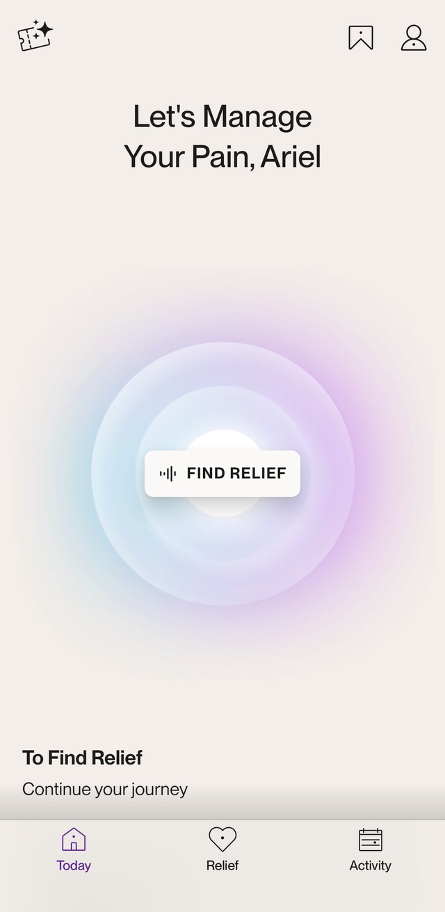 Reveri Today screen: Let's manage your pain. Find relief.