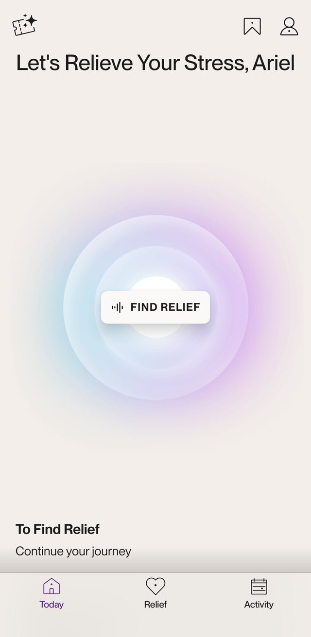 Reveri Today screen: Let's relieve your stress. Find relief.